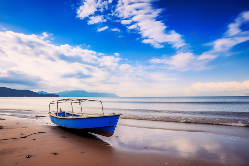 金色柔软海边沙滩上的一艘船,高清,摄影图,摄影图片,图片大全,摄影图免费下载